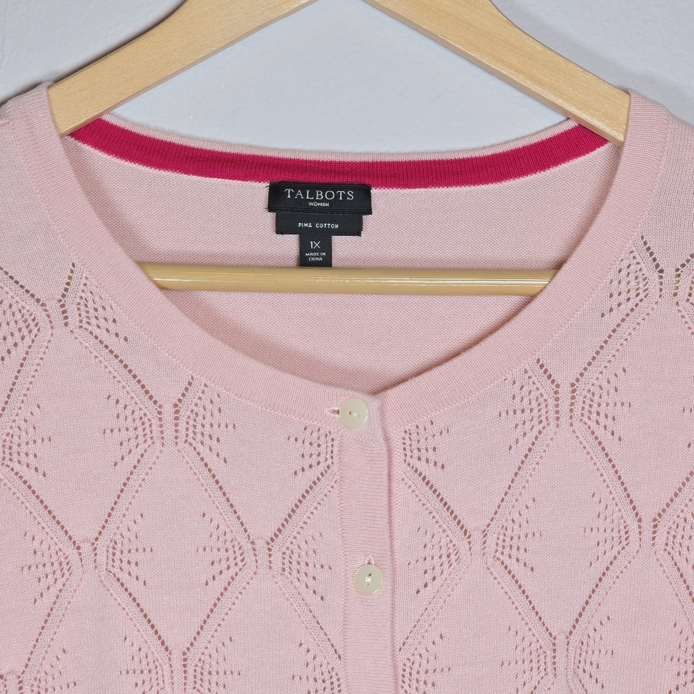 Talbots Women's Pointelle Pima Cotton Button Up Cardigan Sweater Pink 1X New - Picture 5 of 10